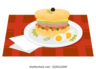 Causa rellena es el clásico aperitivo peruano. Tradicional popularidad de la comida de plato nacional latinoamericana. Ilustración vectorial para el diseño, recetas gastronómicas y menú