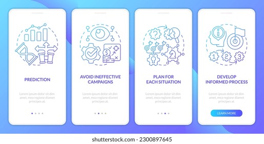 La investigación causal beneficia a la pantalla de aplicación móvil con gradiente azul. Recorrido 4 pasos instrucciones gráficas con conceptos lineales. UI, UX, plantilla GUI. Multitud de tipos de letra Pro-Bold, con uso regular