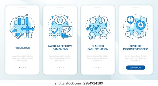 Causal research benefits blue onboarding mobile app screen. Walkthrough 4 steps editable graphic instructions with linear concepts. UI, UX, GUI template. Myriad Pro-Bold, Regular fonts used
