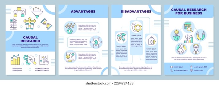 Causal research blue brochure template. Marketing tool. Leaflet design with linear icons. Editable 4 vector layouts for presentation, annual reports. Arial-Black, Myriad Pro-Regular fonts used