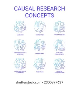 Causal research blue gradient concept icons set. Study market for business development idea thin line color illustrations. Isolated symbols. Roboto-Medium, Myriad Pro-Bold fonts used