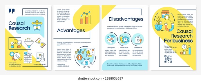 Causal research blue and yellow brochure template. Marketing campaign. Leaflet design with linear icons. Editable 4 vector layouts for presentation, annual reports. Questrial, Lato-Regular fonts used