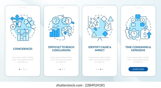 Causal research disadvantages blue onboarding mobile app screen. Walkthrough 5 steps editable graphic instructions with linear concepts. UI, UX, GUI template. Myriad Pro-Bold, Regular fonts used