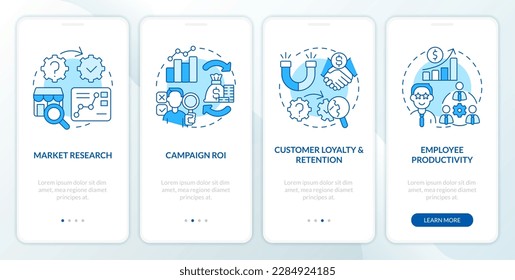 Causal research examples blue onboarding mobile app screen. Walkthrough 4 steps editable graphic instructions with linear concepts. UI, UX, GUI template. Myriad Pro-Bold, Regular fonts used