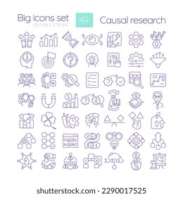 Búsqueda causal conjunto de iconos lineales. Estrategia de marketing para el desarrollo empresarial. Predicción comercial. Símbolos de línea delgada personalizables. Ilustraciones aisladas del contorno vectorial. Trazo editable