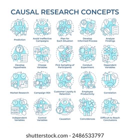 Causal research soft blue concept icons. Investigation. Market research. Study market for business development. Making predictions. Icon pack. Vector images. Round shape illustrations. Abstract idea