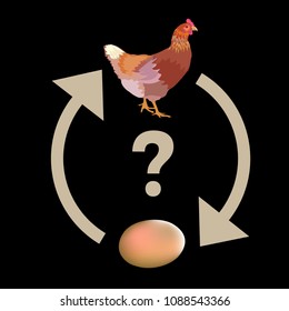 Causality dilemma. Which came first: the chicken or the egg? Vector illustration isolated on black background