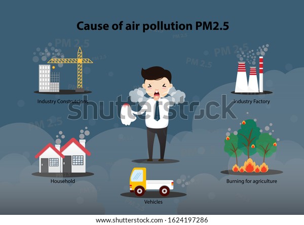 Cause of air pollution PM2.5\
Infographic. smoke, smog, respiratory, environment, health, breath.\
Cartoon, Vector,\
illustration\
\
