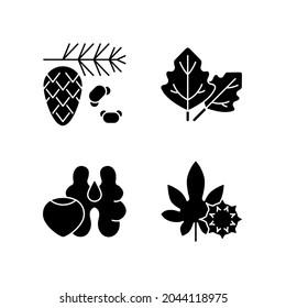 Cause of allergic reaction black glyph icons set on white space. Cedar and pine tree pollen. Lambs quarters. Tree nuts. Castor bean. Silhouette symbols. Vector isolated illustration