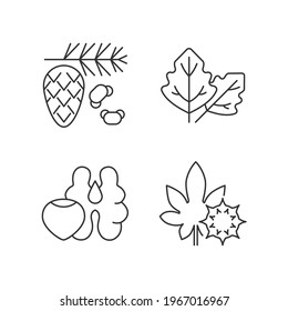 Cause of allergic reaction linear icons set. Cedar and pine tree pollen. Tree nuts. Castor bean. Customizable thin line contour symbols. Isolated vector outline illustrations. Editable stroke