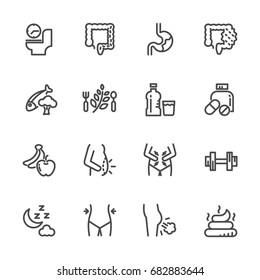 Cause, Effect, And Prevention Of Constipation Or Digestive System. Vector Line Icons