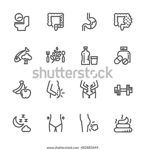 Cause, effect, and prevention of constipation\
or digestive system. Vector line\
icons