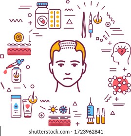 Cause of hair fall and treatment for alopecia Infographics with linear icons on white background. Creative idea concept. Isolated outline color illustration.