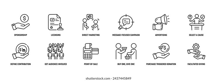 Cause Marketing icon Line Icon Set, Editable Stroke. Sponsorship, Licensing, Direct, Message, Focused, Campaign, Select, Strategy.