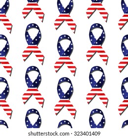 A cause ribbon in the colors of the flag of the United States of America, white stars on blue field, with red and white stripes, seamless on white background. Vector EPS-10 file, transparency used. 