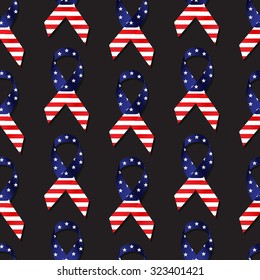 A cause ribbon in the colors of the flag of the United States of America, white stars on blue field, with red and white stripes.Seamless tile, black background. Vector EPS-10 file, transparency used. 