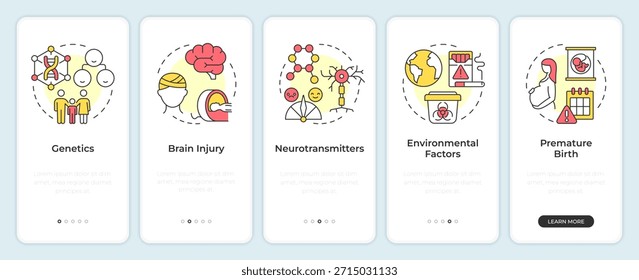 Causes of adhd onboarding mobile app screen. Brain injury. Walkthrough 5 steps editable graphic instructions with linear concepts. UI, UX, GUI