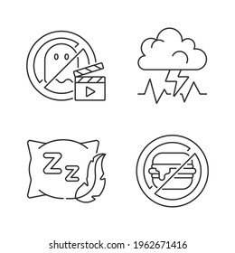 Causas un mal ajuste de iconos lineales de sueño. No hay película de terror. Estrés y ansiedad. Cómoda almohada. Símbolos de contorno de línea delgada personalizables. Ilustraciones aisladas del contorno vectorial. Trazo editable