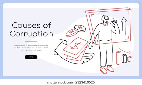 Causes of corruption - modern colorful line design style banner with copy space for text. Composition with man talking about illegal money income, bribery growth graph and bad immoral deeds idea