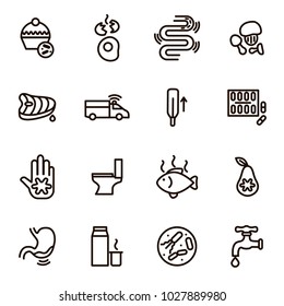 Causes of Diarrhea Black Thin Line Icon Set Include of Toilet, Intestine, Fever, Virus, Water and Bacteria. Vector illustration