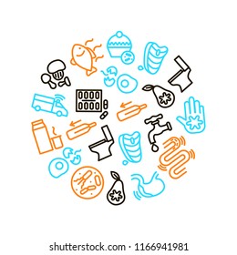 Causes of Diarrhea Icon Round Design Template Include of Toilet, Intestine, Fever, Virus, Water and Bacteria. Vector illustration