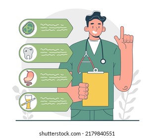 Causes of halitosis. Chronic bad stinky breath, bacterial oral disease. Bacteria, caries, bad diet and smoking. Flat vector illustration