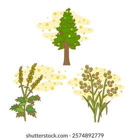 Causes of hay fever: illustration set of cedar trees, ragweed, and orchardgrass