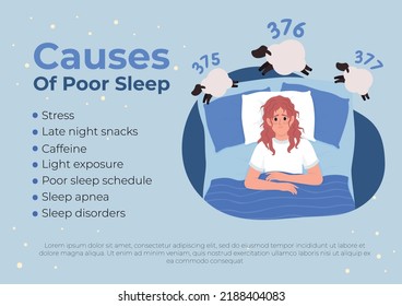 Causes of insomnia flat vector banner template. Informative poster, leaflet printable color designs. Editable flyer page with text space. Chewy Regular, Montserrat Bold, Light, Thin fonts used