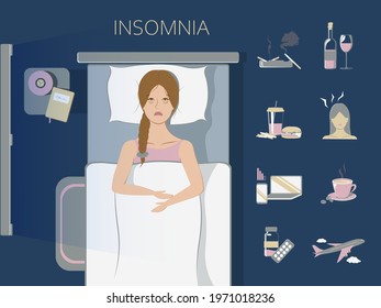 Causes Of Insomnia Infographic. Stress And Health Problem. Reasons Of Insomnia Electronic Devices, Smoking, Coffee, Alcohol, Heavy Meal, Sedentary Lifestyle, Jet Lag, Sleep Apnea, Heart Diseases