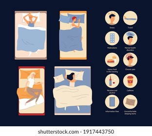 Causes of insomnia - stress and travel, caffeine, alcohol and heavy food, pain and information flow. People at night lying in bed and tries to sleep. Banner with vector infographics