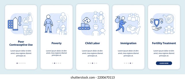Causes of overpopulation light blue onboarding mobile app screen. Walkthrough 5 steps editable graphic instructions with linear concepts. UI, UX, GUI template. Myriad Pro-Bold, Regular fonts used