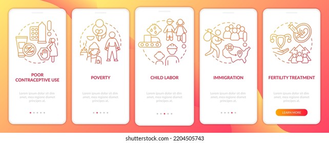 Causes of overpopulation red gradient onboarding mobile app screen. Reasons walkthrough 5 steps graphic instructions with linear concepts. UI, UX, GUI template. Myriad Pro-Bold, Regular fonts used
