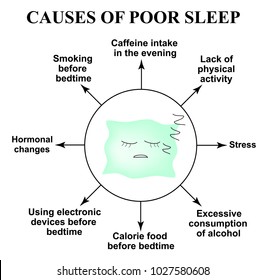 Causes Of Poor Sleep. Insomnia. World Sleep Day. Sleeping Pillow. Infographics. Vector Illustration On Isolated Background