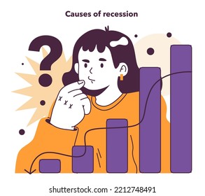 Causes of recession. Significant, widespread, and prolonged economic slow down or stagnation. Economical activity decline sign. Flat vector illustration