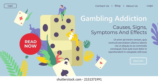Causes and signs, symptoms and effects of gambling addiction, help and support, assistance from professionals and treatment. Website with contacts and playing game cubes. Vector in flat style 