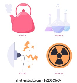Causes of skin burn injury. Thermal, chemical, electric, radiation. Isolated vector illustration in cartoon style