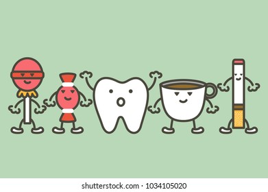 Causas de daño dental, concepto de decay y dientes amarillos - caricatura dental vector estilo plano personaje adorable para el diseño