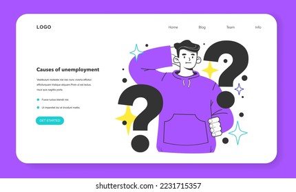 Causes of unemployment web banner or landing page. Economic theory, economic factors affecting the labor market. Social problem of occupancy. Flat vector illustration