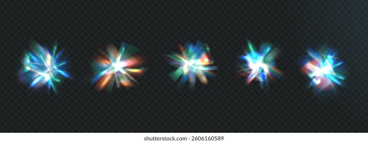 Caustic light crystal prism glitter set. Glow glare effect with iridescent glass glitter. Sparkle glare glint prisms. Spectrum of ray and fractional particle flashes. Vector caustic flicker isolated.