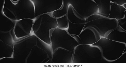Caustic light patterns on black background - water reflection ripples creating abstract waves, flowing liquid optical effect with bright curved line, underwater illumination texture for graphic design