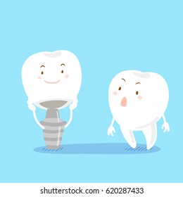 caute cartoon tooth with implant on the blue background