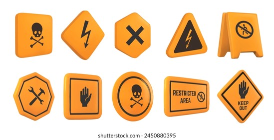 Caution 3D signs. Hazard warning, safety and caution symbols. High voltage, do not enter, and restricted area sign vector illustration set of caution 3d sign, hazard and warning illustration