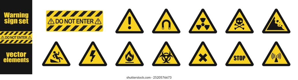 Conjunto de alarmes de cuidado, ícone do vetor de atenção. Veneno, tóxico, sinal de alerta de risco biológico, crânio, perigo químico