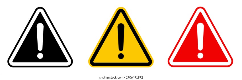 Caution alarm set, danger sign collection, attention vector icon, yellow, red and black fatal error message element, exclamation mark of warning attention icon