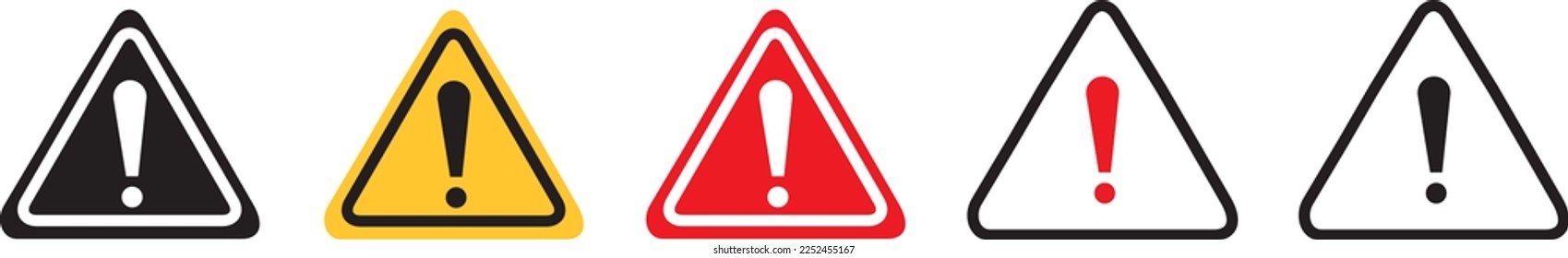 Caution alarm set, danger sign collection, attention vector icon, yellow, red and black fatal error message element, exclamation mark of warning attention icon