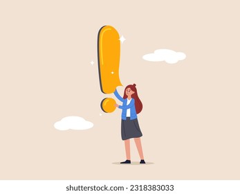 Caution and alert call concept. Story telling, speak out loud to draw attention and interest, fact important information or secret, businesswoman speaking with speech bubble as exclamation point.