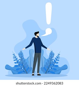 caution and alert call concept, Tell stories, speak loudly to attract attention and interest, businessman talk with speech bubbles as exclamation mark, important information or secret facts.