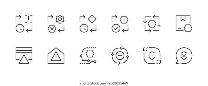 Caution and alert icon collection. Alarm, attention, care, social security, safety, reminder, verification, warning and more. Editable stroke. Pixel Perfect. Grid base 32px.