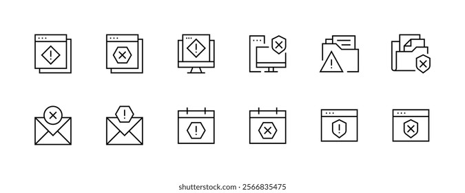 Caution and alert icon collection. Alarm, attention, care, social security, safety, reminder, verification, warning and more. Editable stroke. Pixel Perfect. Grid base 32px.