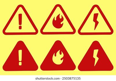 Caution or Alert signs. Different warning signs in two different styles. Electrical hazard, flammable substances, triangles.